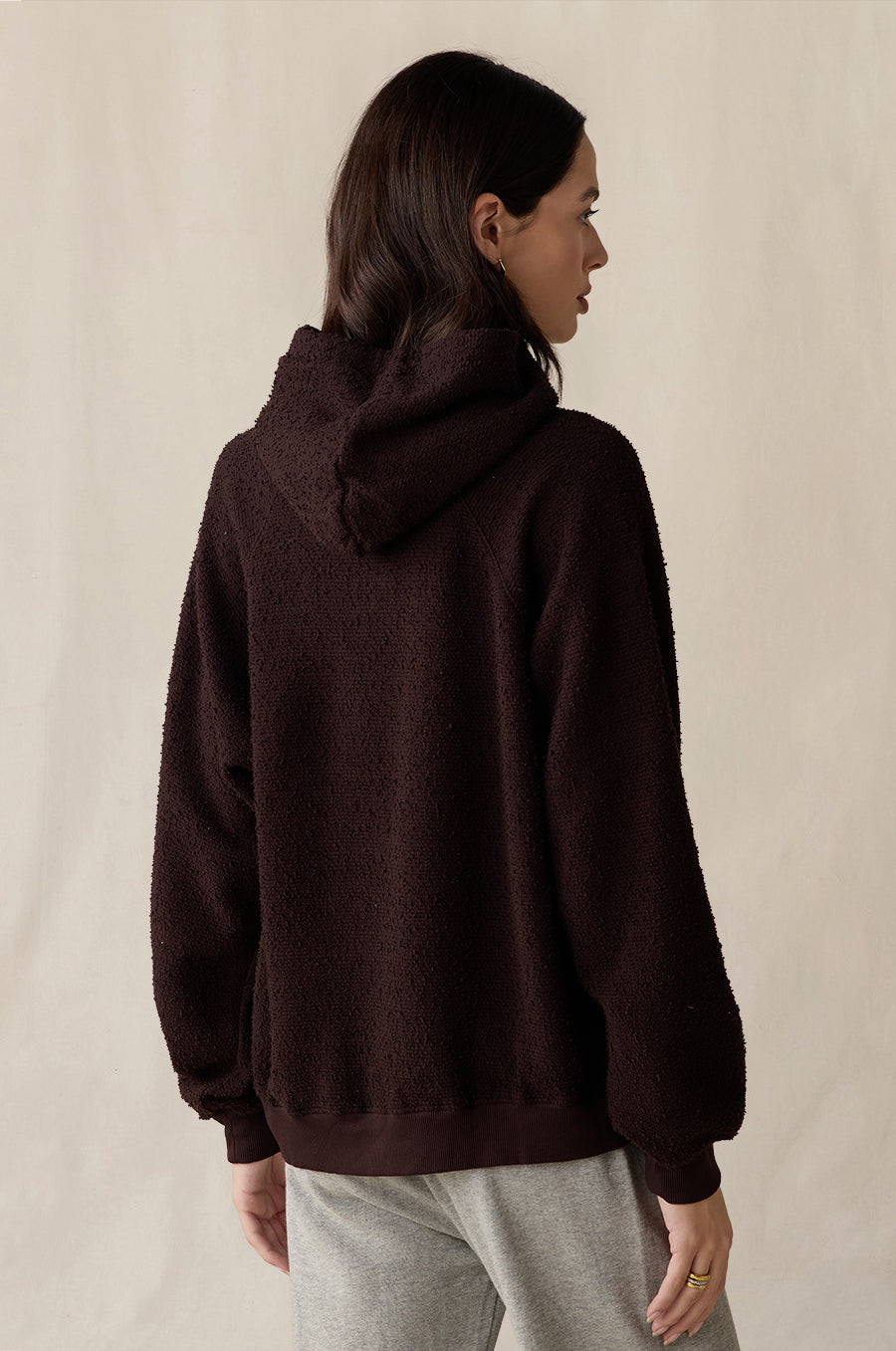 Tomboy Hoodie in espresso bouclé styled with the French Flare Pant in heather grey - the lady & the sailor