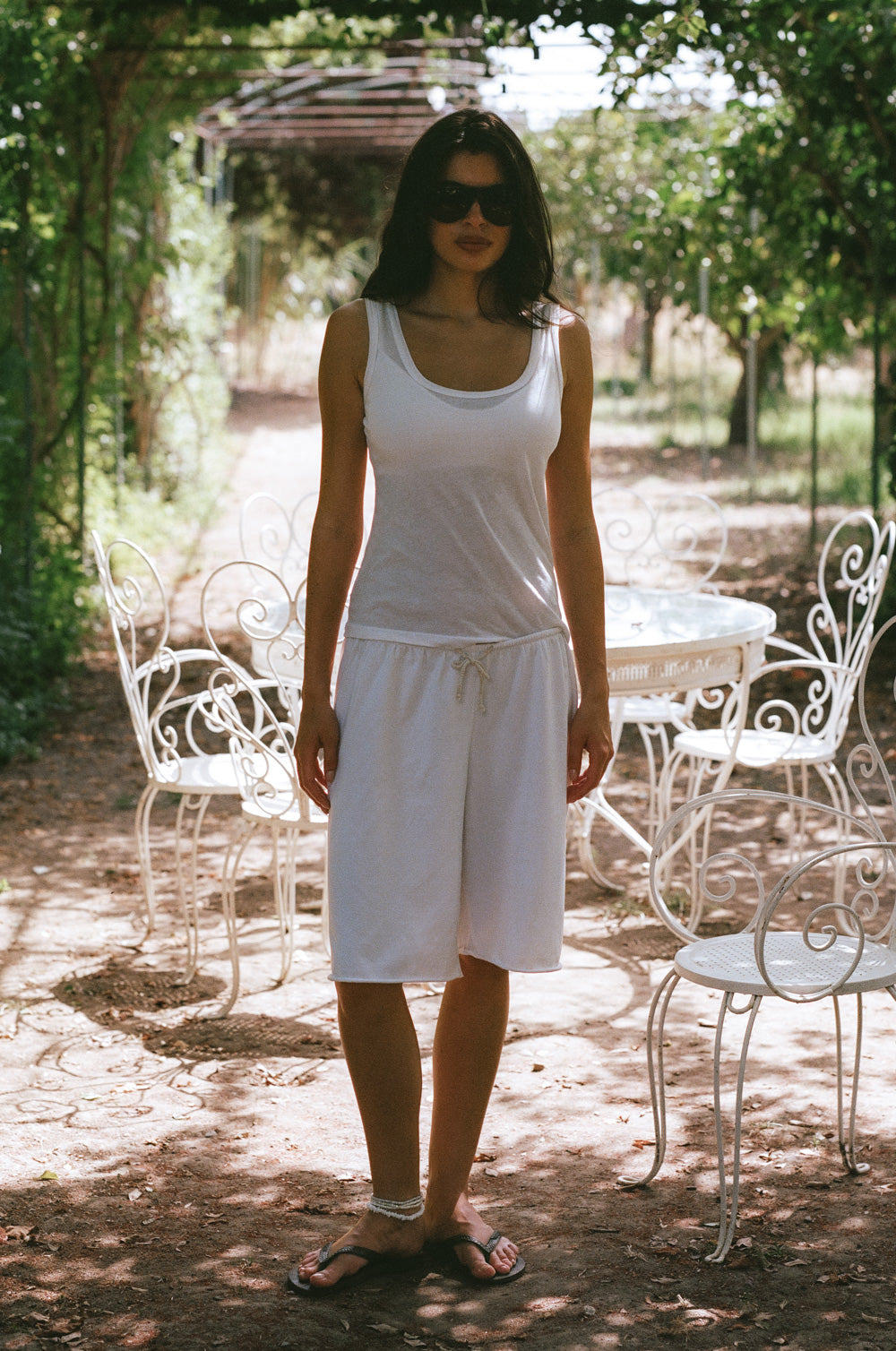 relaxed drawstring short in white jersey and the feather scoop tank in white sheer cotton - the lady & the sailor