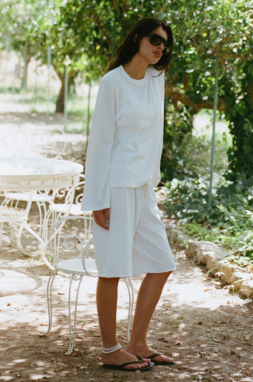 relaxed drawstring short in white jersey and the l/s relaxed crew in white luxe cotton - the lady & the sailor