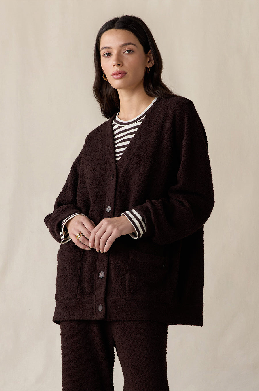 Classic Pocket Cardi and Everyday Pant in espresso bouclé styled with the Relaxed L/S Tee in cocoa stripe - the lady & the sailor