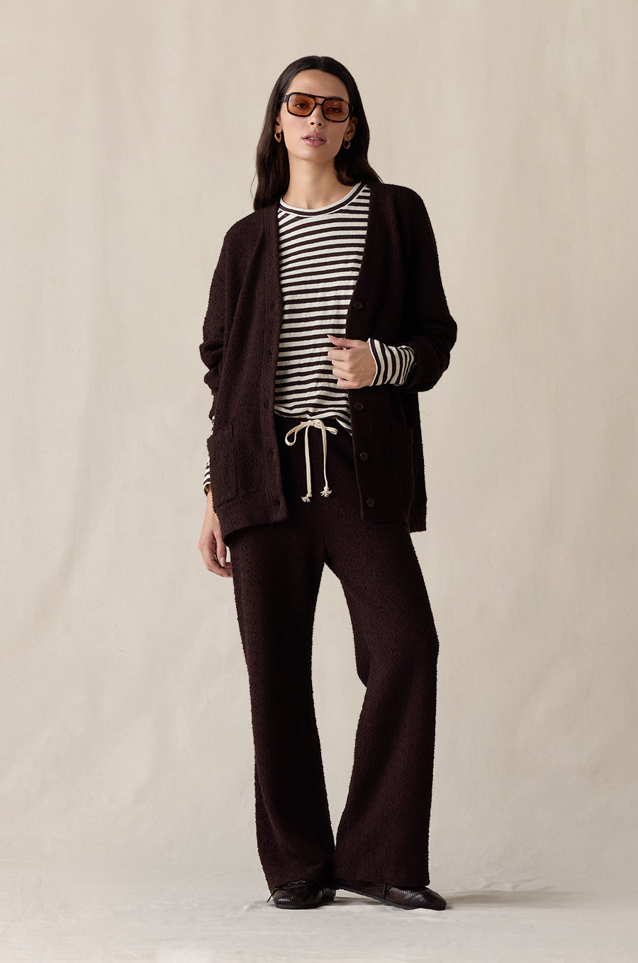Relaxed L/S Tee in cocoa stripe styled with the Classic Pocket Cardi and Everyday Pant in espresso bouclé - the lady & the sailor