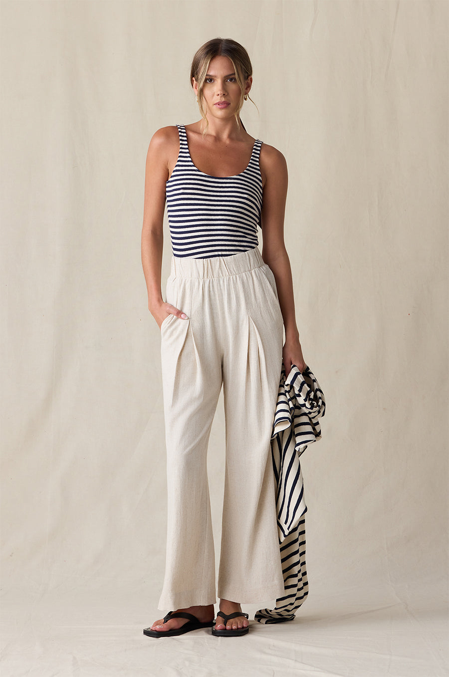 LAYER TANK IN NAVY/NATURAL STRIPE STYLED WITH ANKLE PLEATED TROUSER IN NATURAL - the lady & the sailor