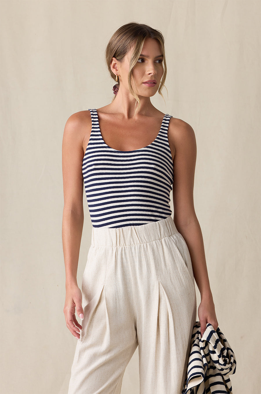 LAYER TANK IN NAVY/NATURAL STRIPE STYLED WITH ANKLE PLEATED TROUSER IN NATURAL - the lady & the sailor