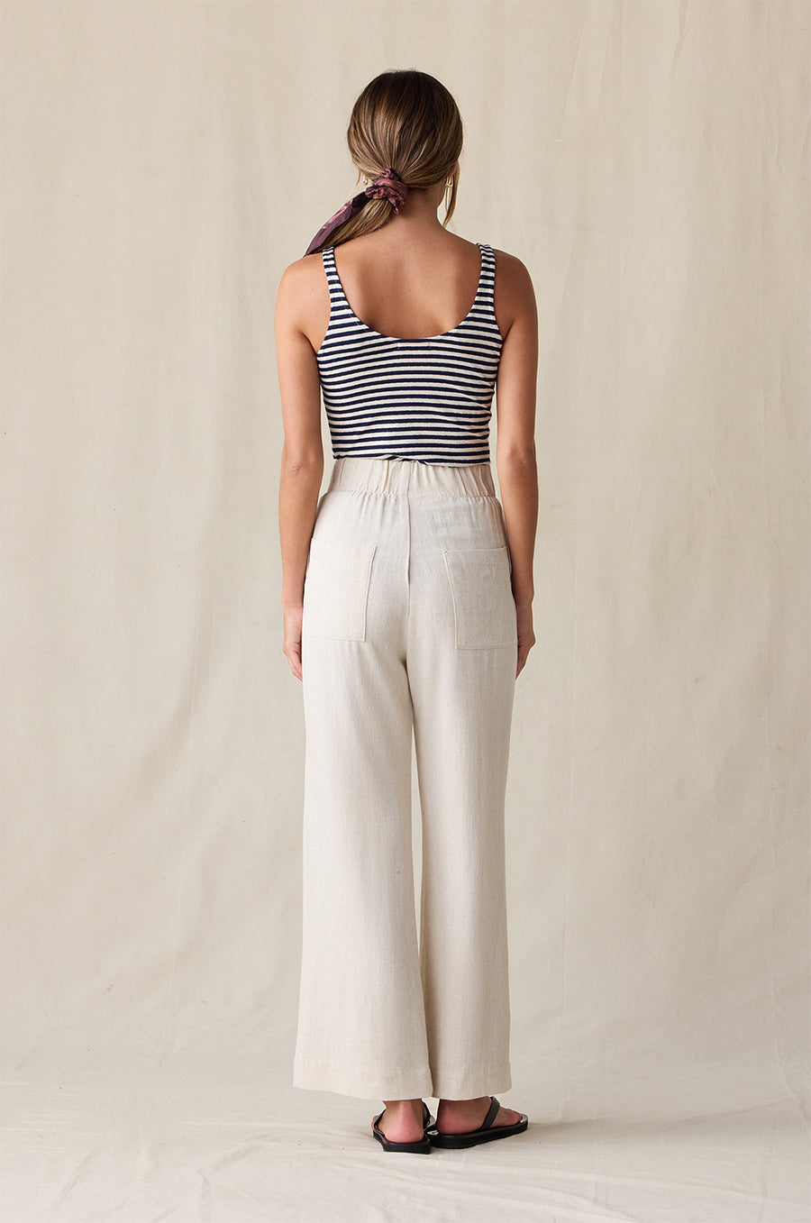 LAYER TANK IN NAVY/NATURAL STRIPE STYLED WITH ANKLE PLEATED TROUSER IN NATURAL - the lady & the sailor