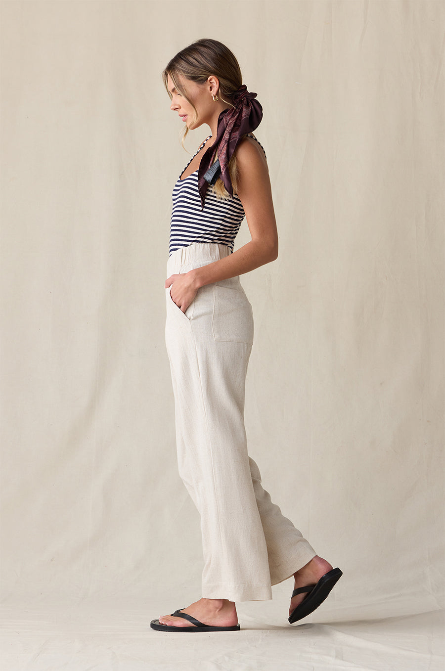 LAYER TANK IN NAVY/NATURAL STRIPE STYLED WITH ANKLE PLEATED TROUSER IN NATURAL - the lady & the sailor