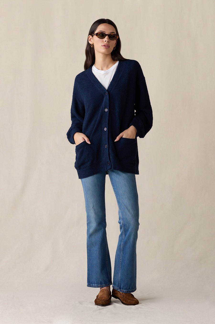 Classic Pocket Cardi in indigo bouclé styled with the Shrunken BF Tee in white - the lady & the sailor