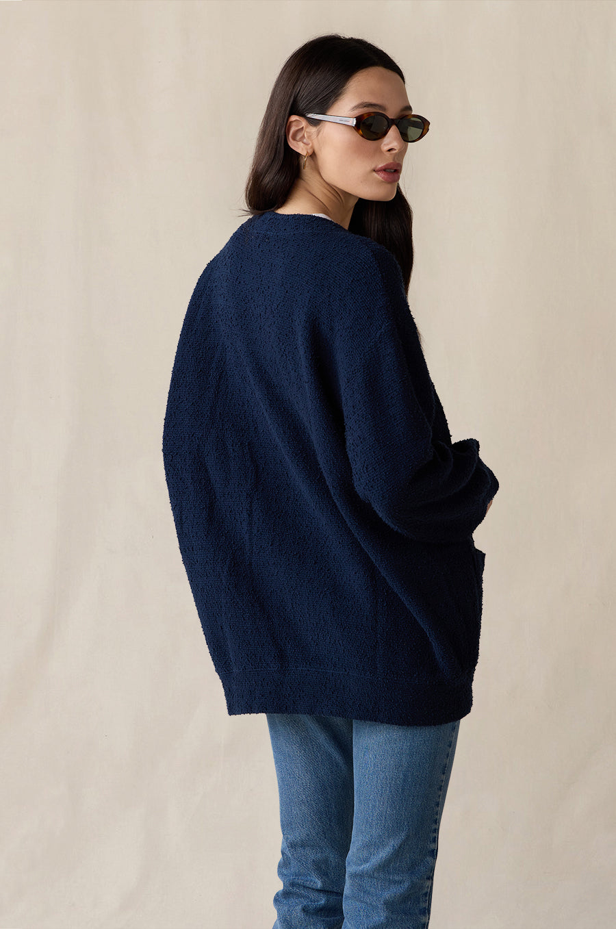 Classic Pocket Cardi in indigo bouclé styled with the Shrunken BF Tee in white - the lady & the sailor
