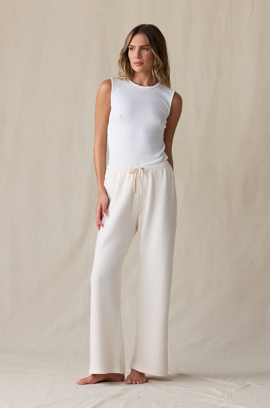 THE EVERYDAY PANT IN VANILLA BOUCLÉ STYLED WITH THE TOMBOY TANK IN WHITE CLASSIC RIB - the lady & the sailor
