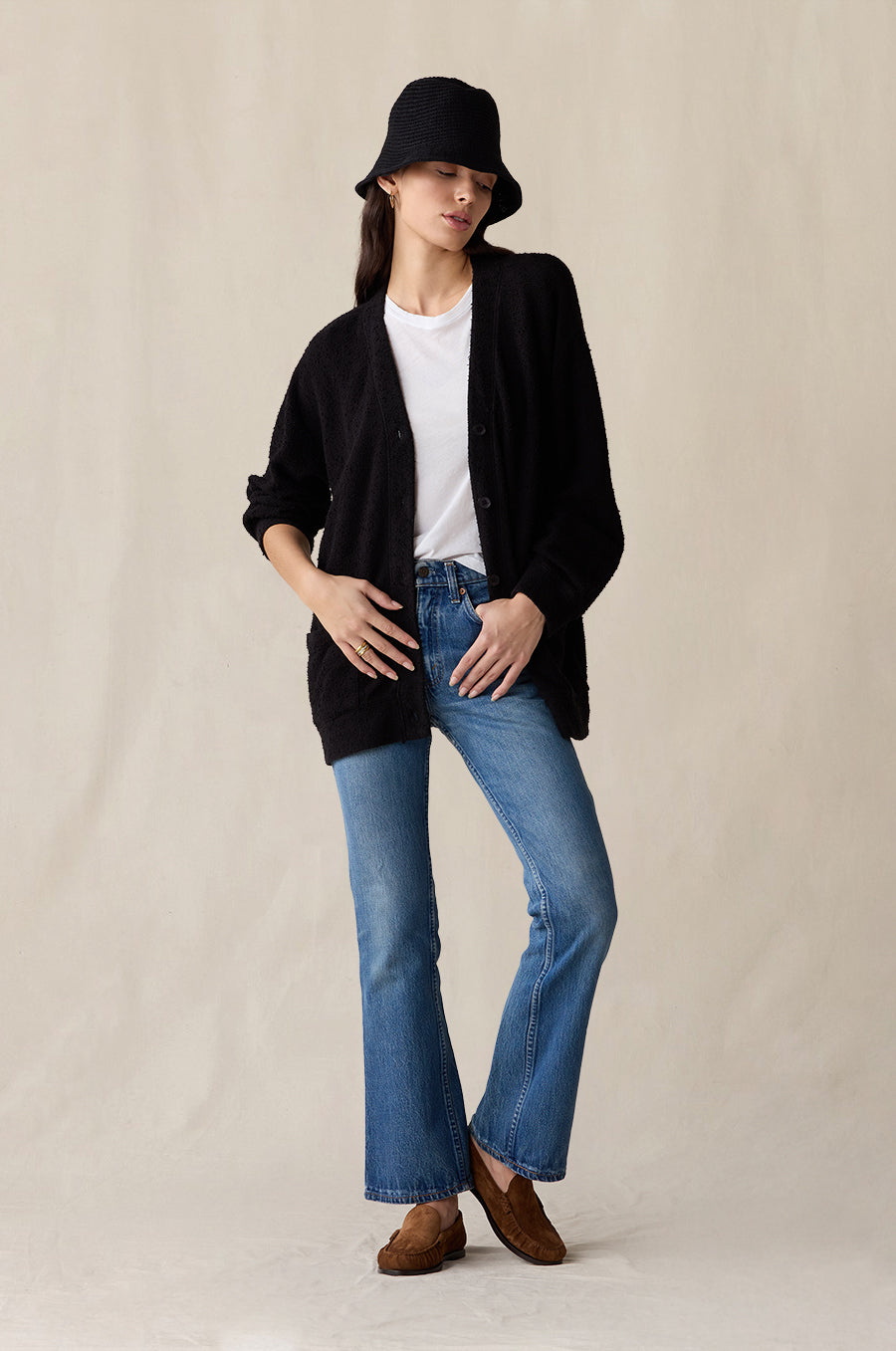 Classic Pocket Cardi in black bouclé styled with the Shrunken BF Tee in white and Knit Chapeau in black - the lady & the sailor