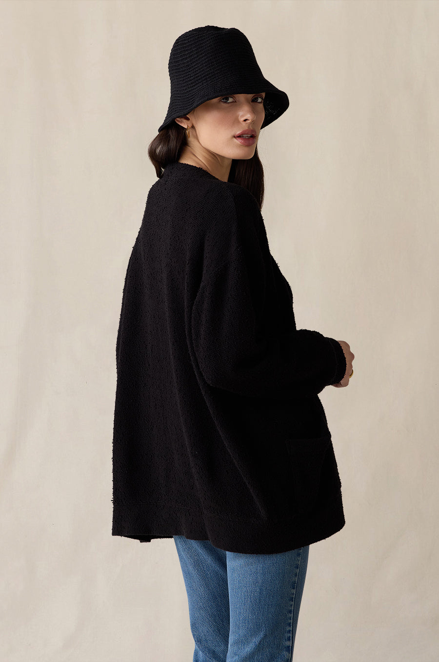 Classic Pocket Cardi in black bouclé styled with the Knit Chapeau in black - the lady & the sailor