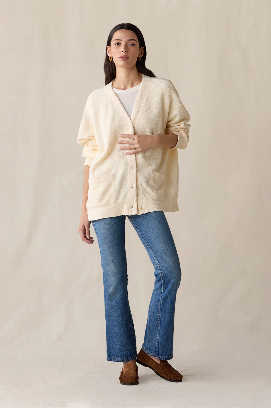 Classic Pocket Cardi in crème bouclé styled with the L/S Scoop Tee in white - the lady & the sailor