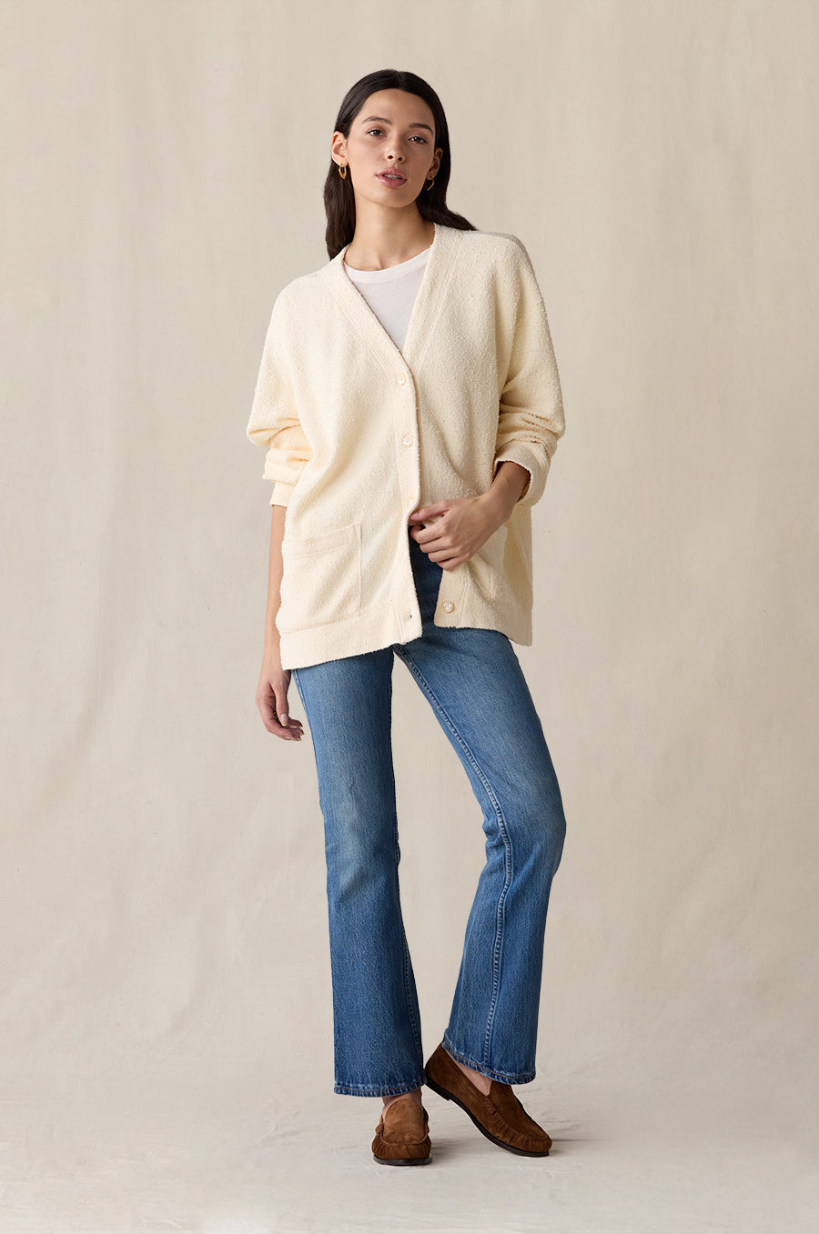 Classic Pocket Cardi in crème bouclé styled with the L/S Scoop Tee in white - the lady & the sailor