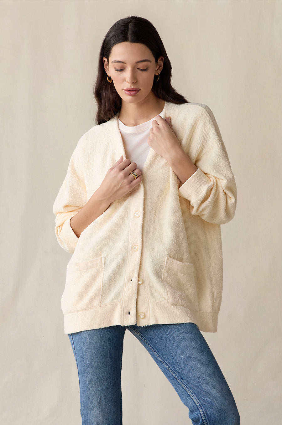 Classic Pocket Cardi in crème bouclé styled with the L/S Scoop Tee in white - the lady & the sailor
