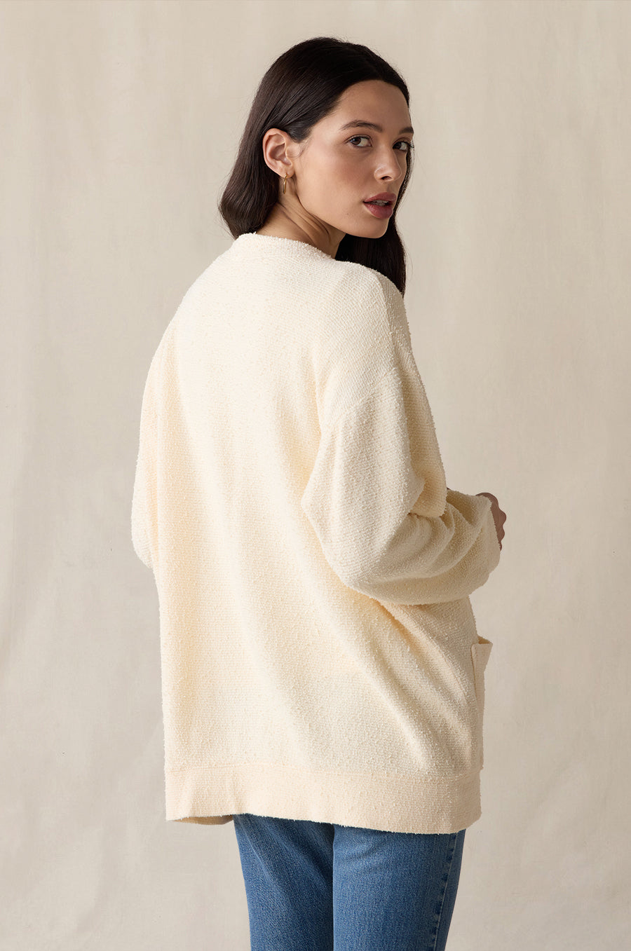 Classic Pocket Cardi in crème bouclé styled with the L/S Scoop Tee in white - the lady & the sailor