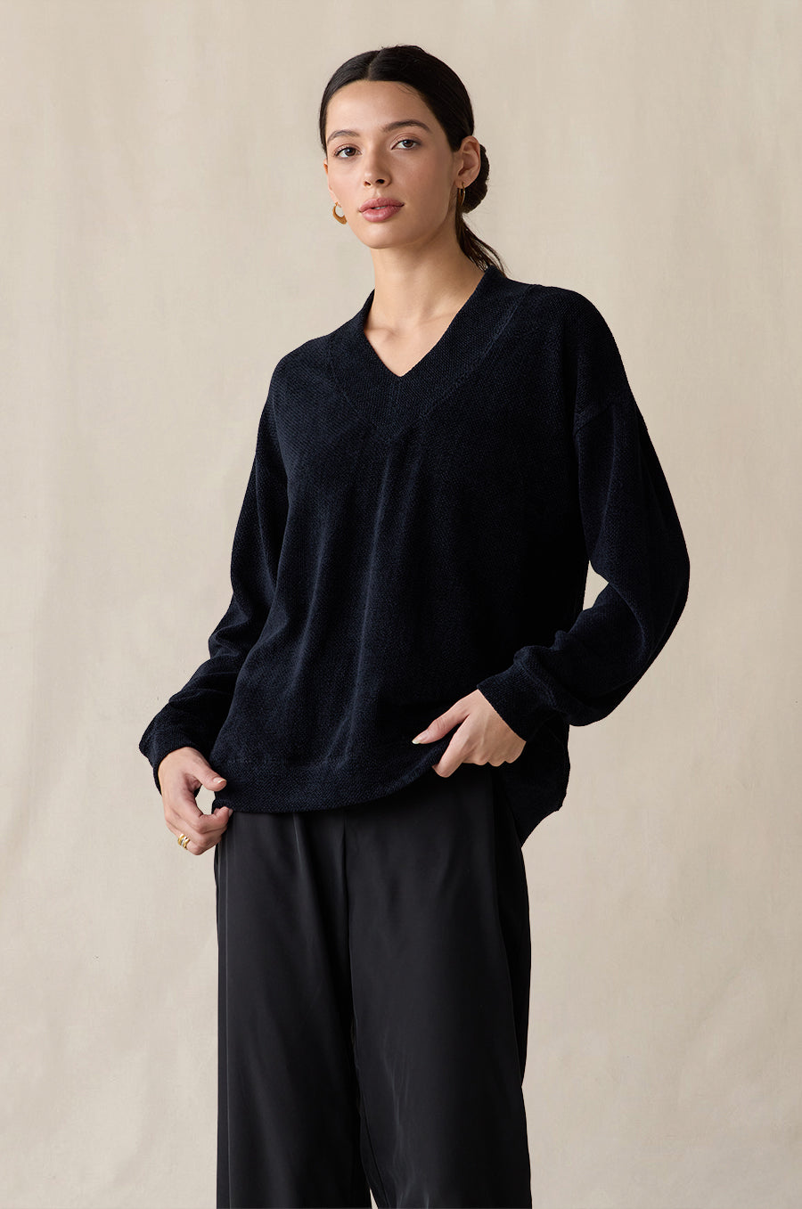 Relaxed V-Neck Pullover in midnight chenille styled with the Silky Wide Leg Pant in washed black - the lady & the sailor