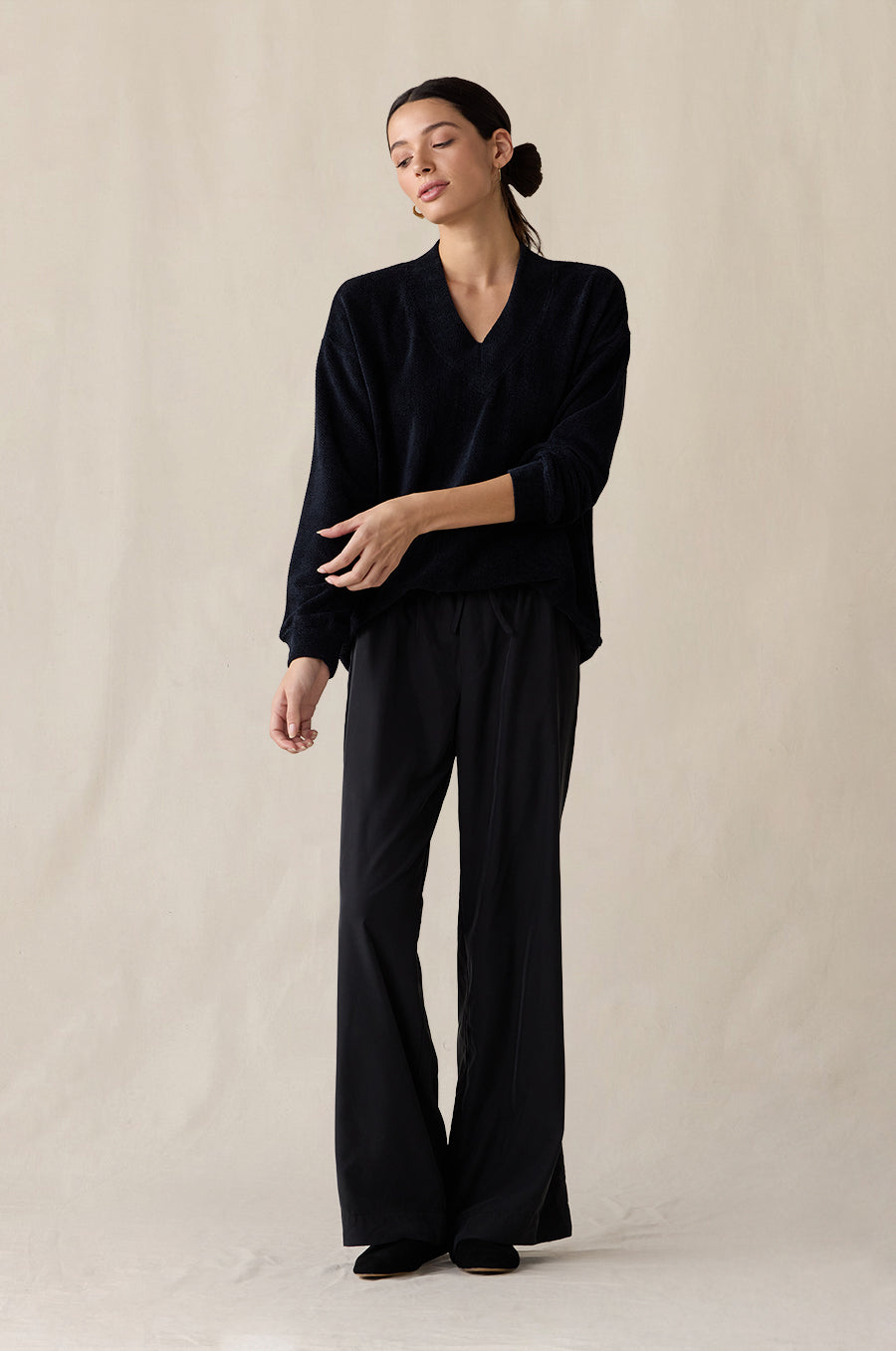 Relaxed V-Neck Pullover in midnight chenille styled with the Silky Wide Leg Pant in washed black - the lady & the sailor