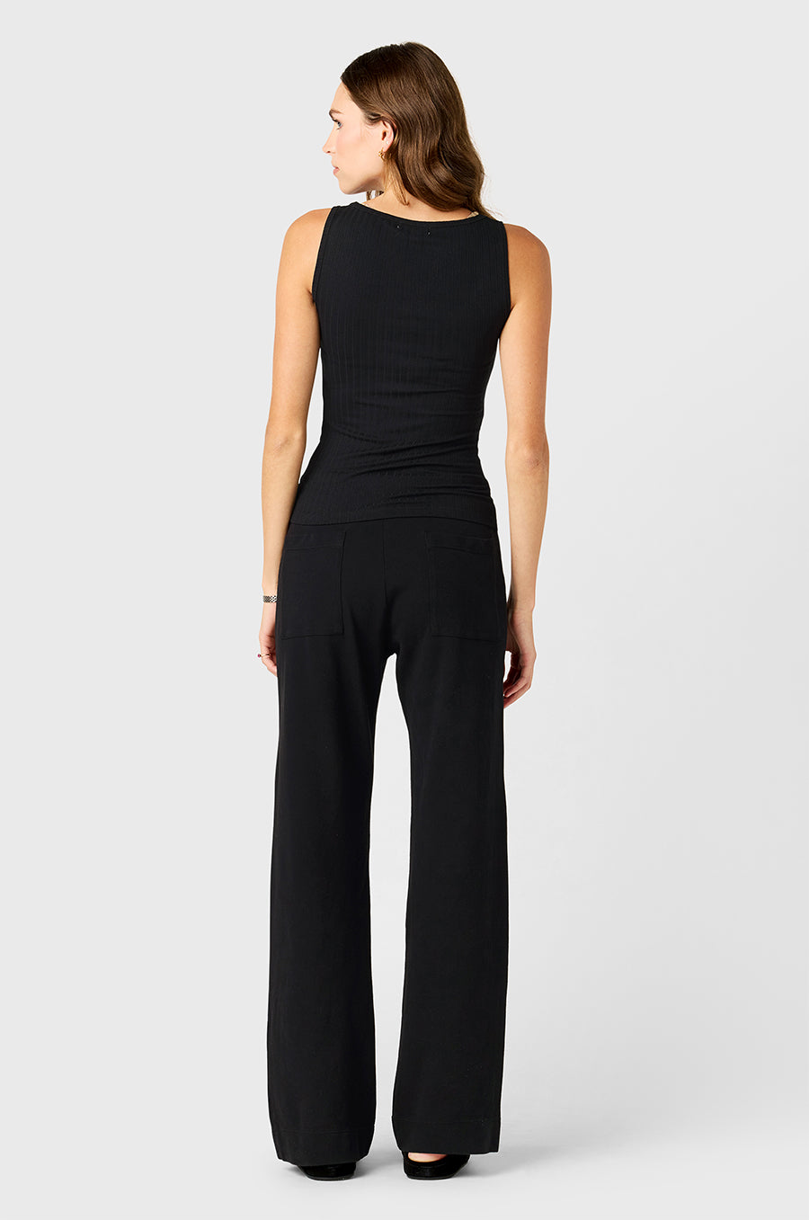 Model wearing the lady & the sailor's Pointelle Tank in Black.