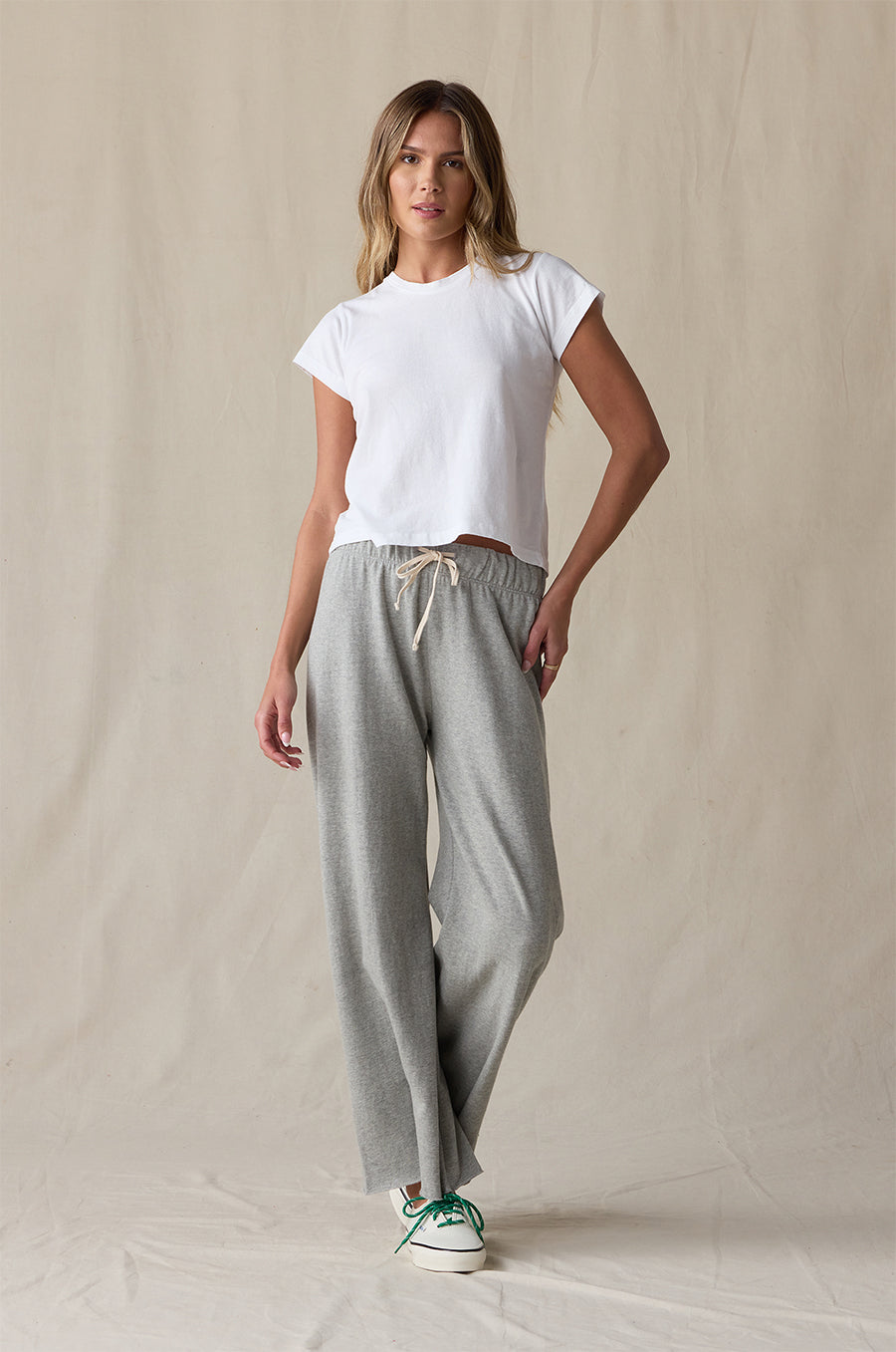 SHRUNKEN BF TEE IN WHITE VINTAGE COTTON STYLED WITH FRENCH FLARE PANT IN HEATHER GREY COTTON - the lady & the sailor