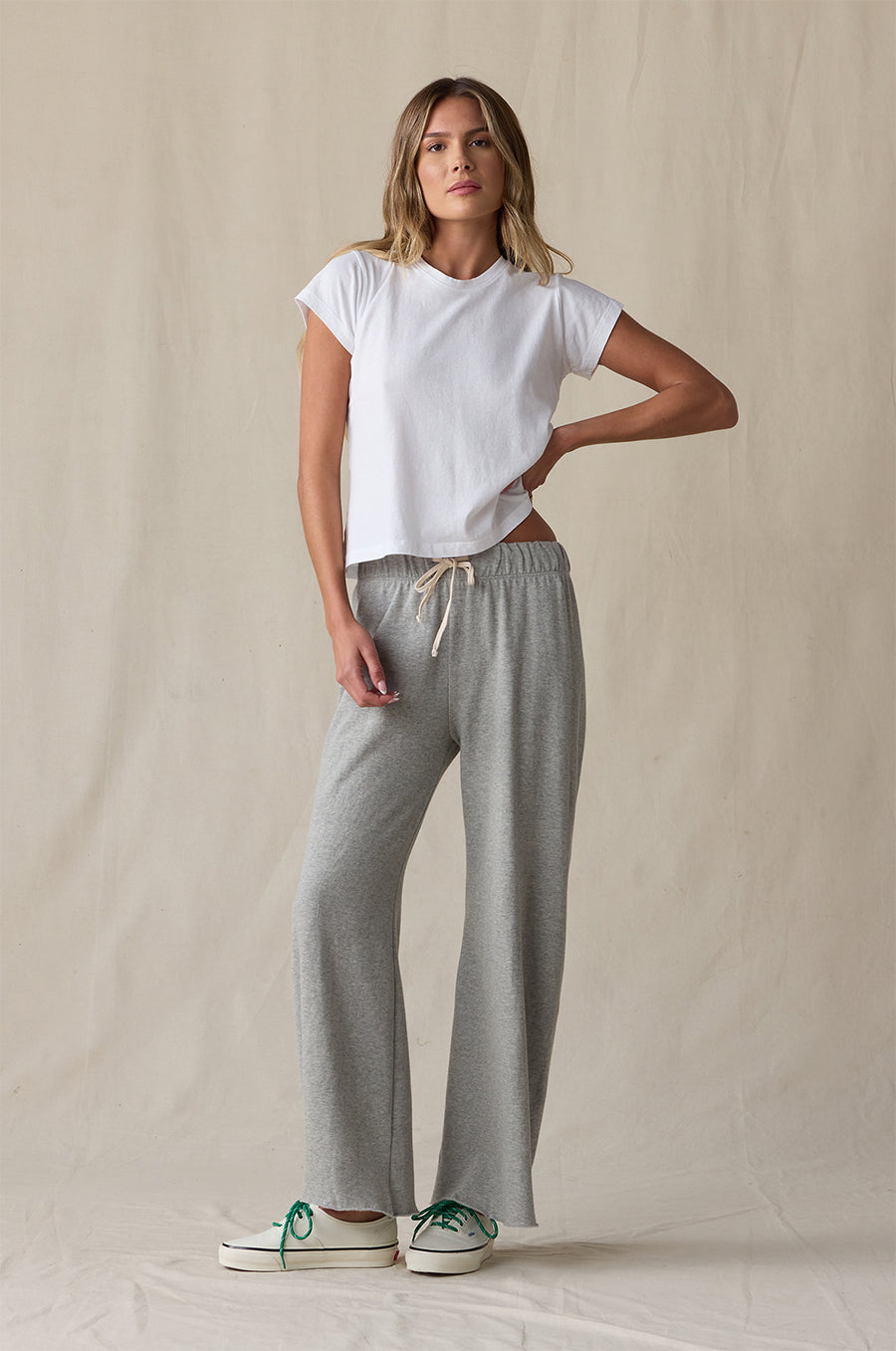 SHRUNKEN BF TEE IN WHITE VINTAGE COTTON STYLED WITH FRENCH FLARE PANT IN HEATHER GREY COTTON - the lady & the sailor