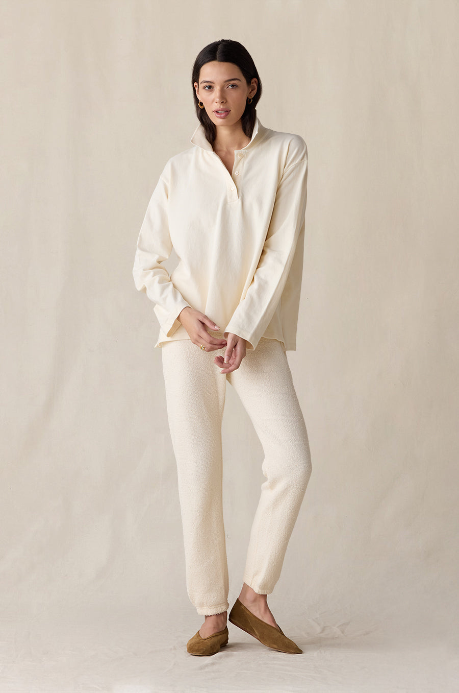 Vintage Sweatpant in vanilla bouclé styled with the BF Polo in vanilla - the lady & the sailor