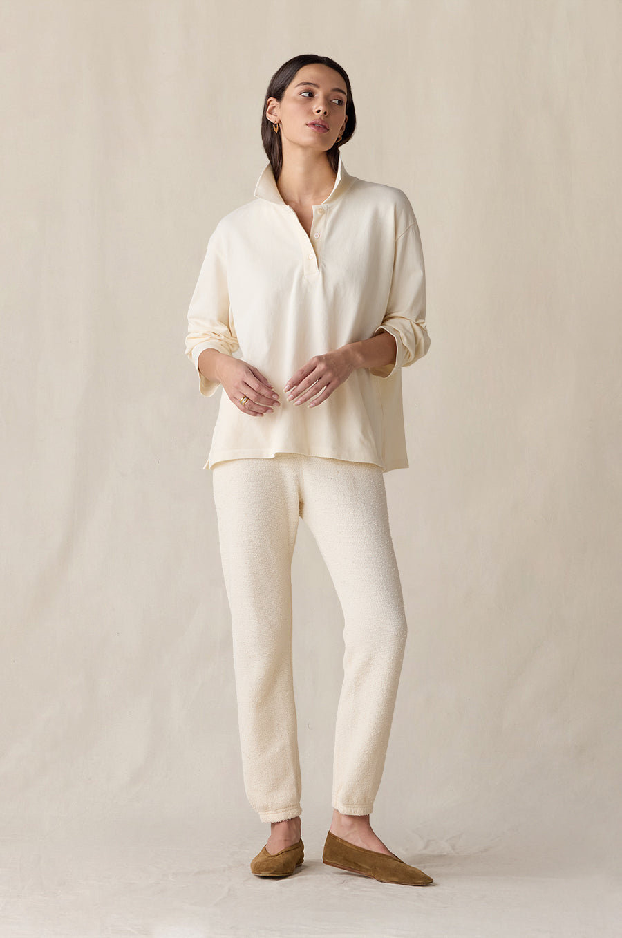 Vintage Sweatpant in vanilla bouclé styled with the BF Polo in vanilla - the lady & the sailor