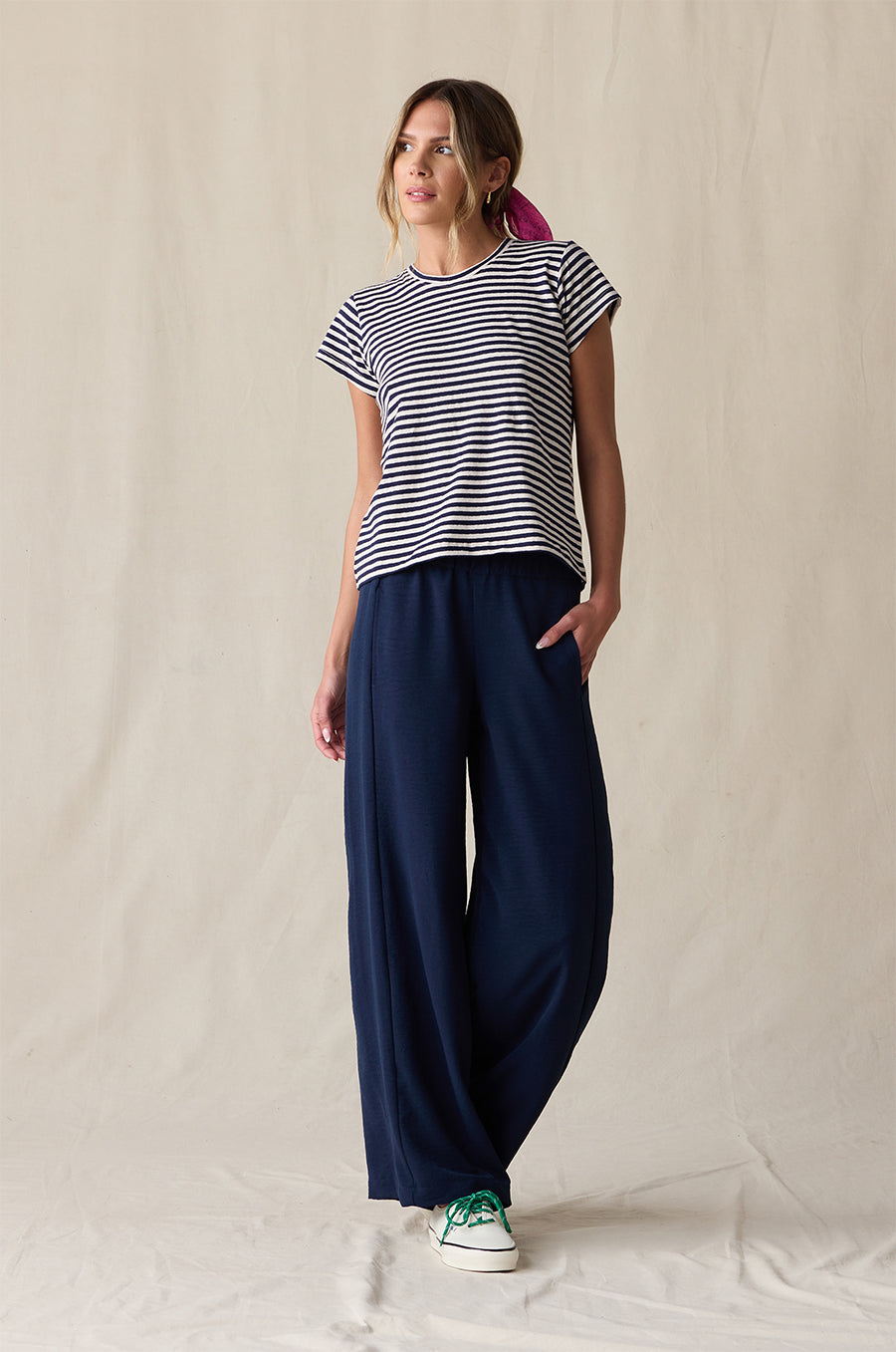 PALAZZO PANT IN NAVY STYLED WITH SHRUNKEN BF TEE IN NAVY/NATURAL STRIPE - the lady & the sailor