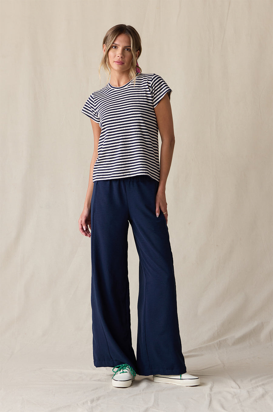 PALAZZO PANT IN NAVY STYLED WITH SHRUNKEN BF TEE IN NAVY/NATURAL STRIPE - the lady & the sailor