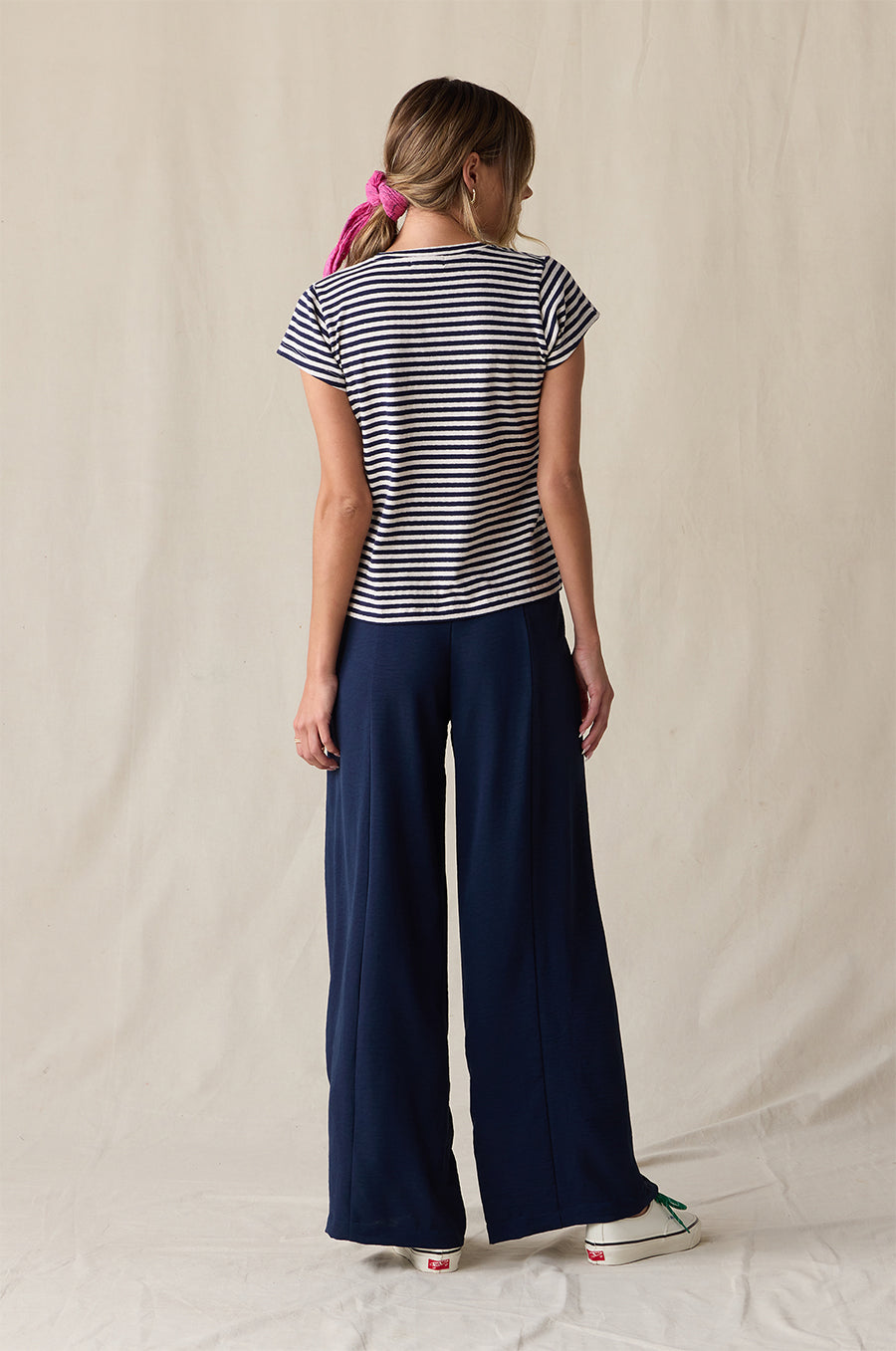 PALAZZO PANT IN NAVY STYLED WITH SHRUNKEN BF TEE IN NAVY/NATURAL STRIPE - the lady & the sailor