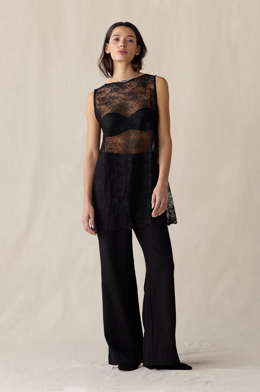 Slouchy High Waisted Trouser in jet black styled with the Mini Lace Tunic in black - the lady & the sailor