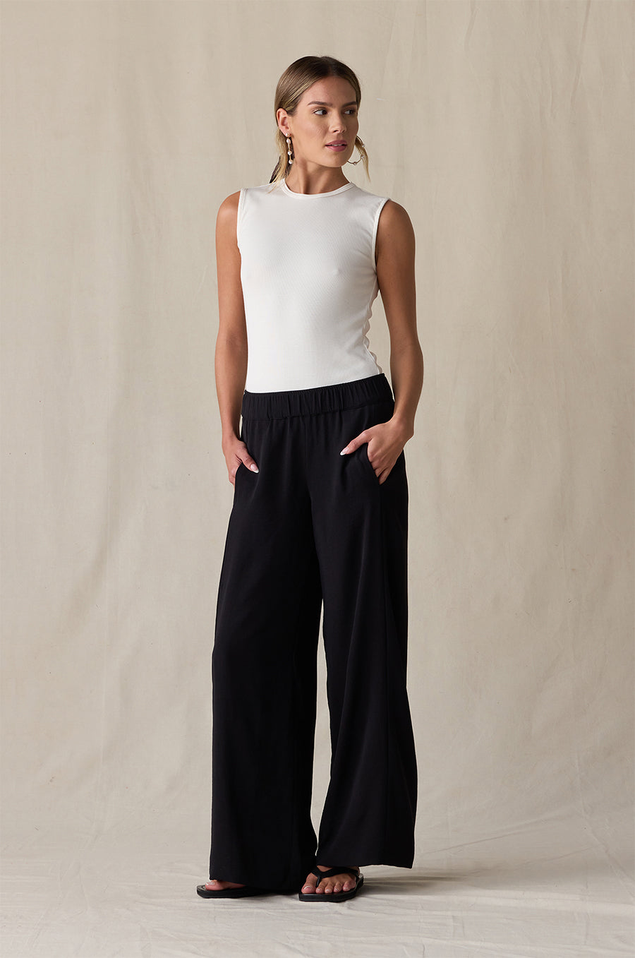TOMBOY TANK IN VANILLA CLASSIC RIB STYLED WITH THE PALAZZO PANT IN BLACK- the lady & the sailor