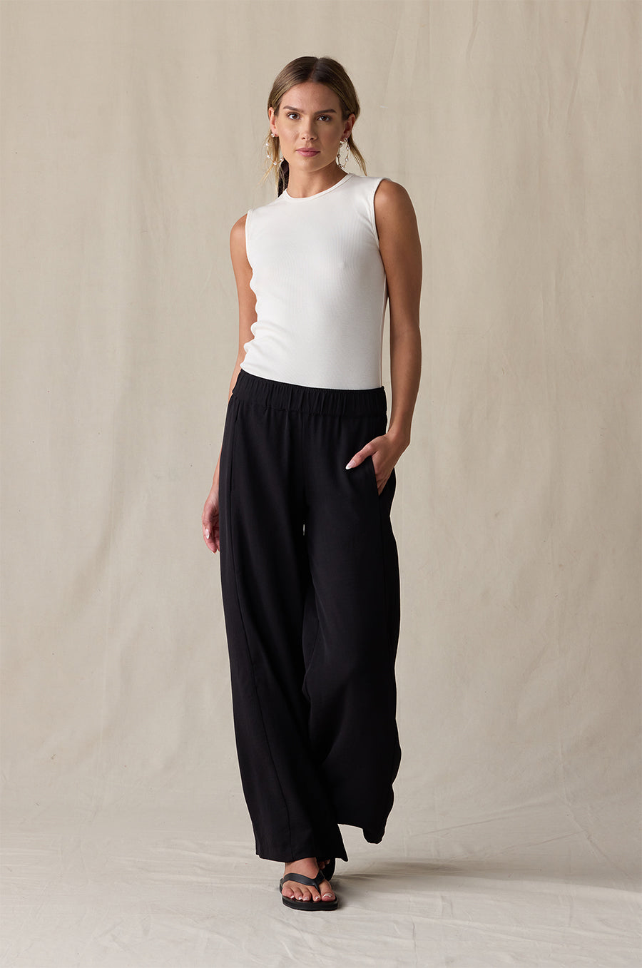 TOMBOY TANK IN VANILLA CLASSIC RIB STYLED WITH THE PALAZZO PANT IN BLACK- the lady & the sailor