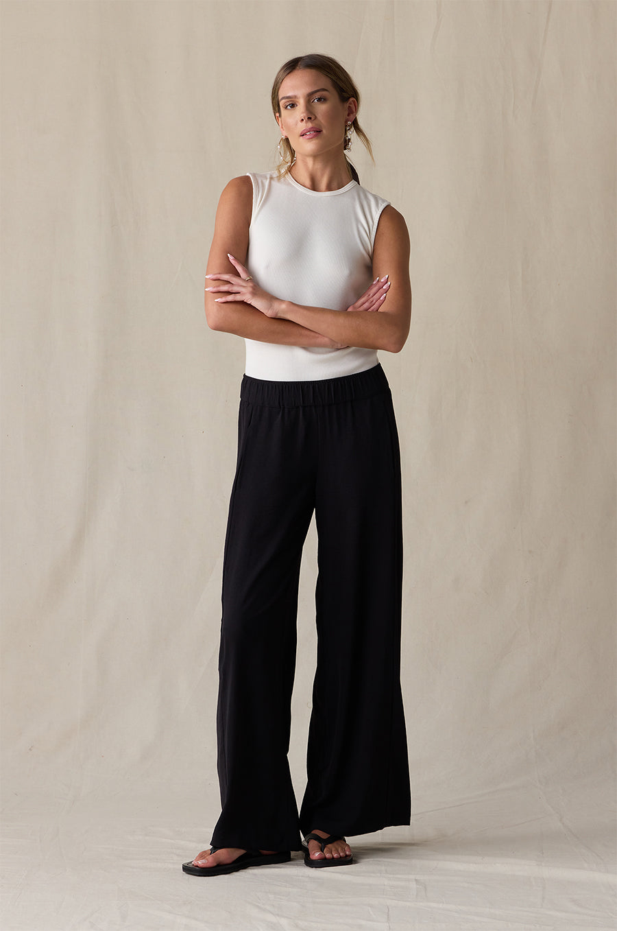TOMBOY TANK IN VANILLA CLASSIC RIB STYLED WITH THE PALAZZO PANT IN BLACK- the lady & the sailor
