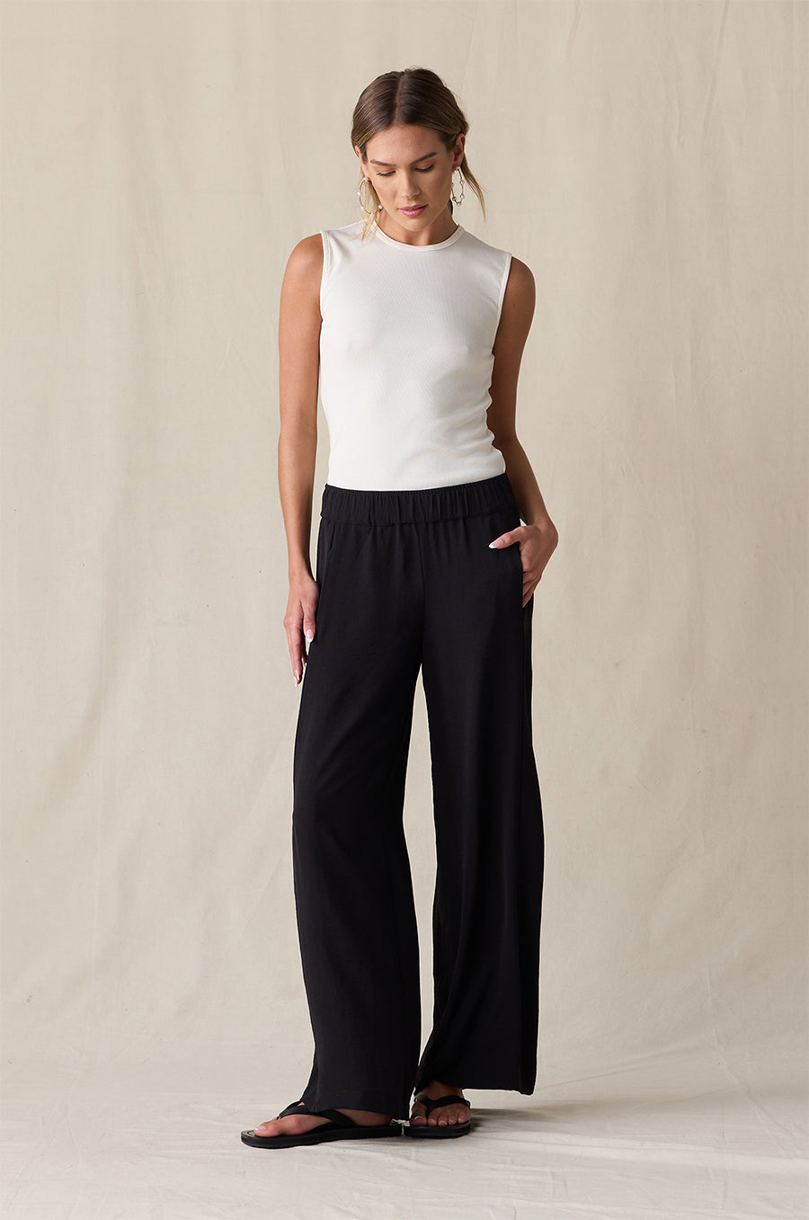 TOMBOY TANK IN VANILLA CLASSIC RIB STYLED WITH THE PALAZZO PANT IN BLACK- the lady & the sailor