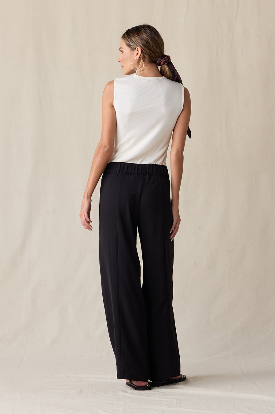 TOMBOY TANK IN VANILLA CLASSIC RIB STYLED WITH THE PALAZZO PANT IN BLACK- the lady & the sailor