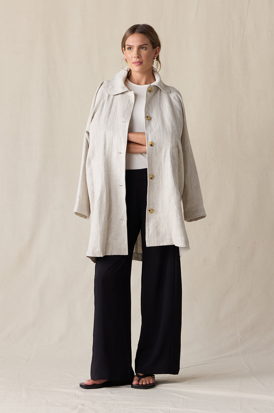 SWING COAT IN NATURAL LINEN STYLED WITH THE PALAZZO PANT IN BLACK AIR FLOW - the lady & the sailor