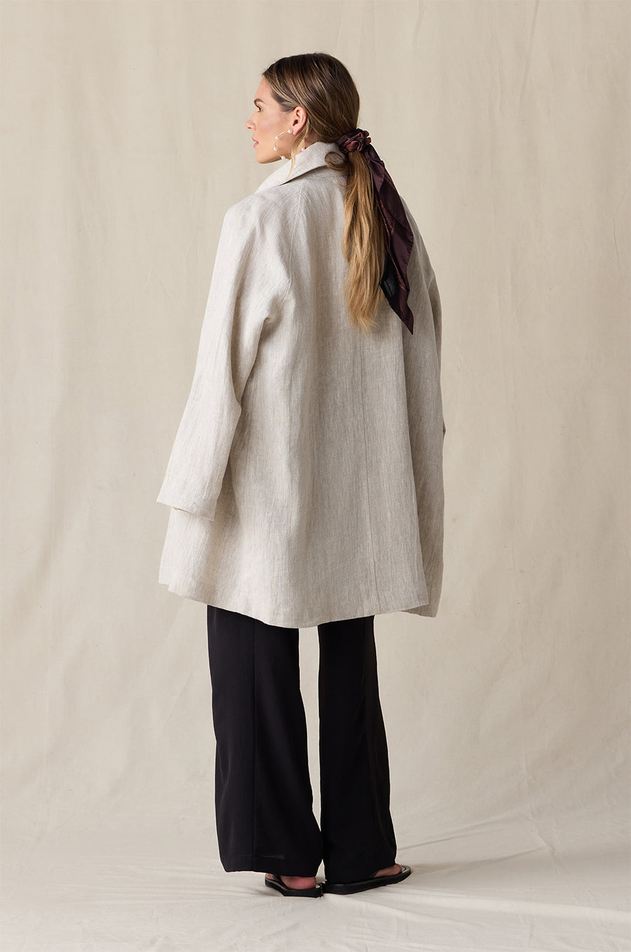SWING COAT IN NATURAL LINEN STYLED WITH THE PALAZZO PANT IN BLACK AIR FLOW - the lady & the sailor