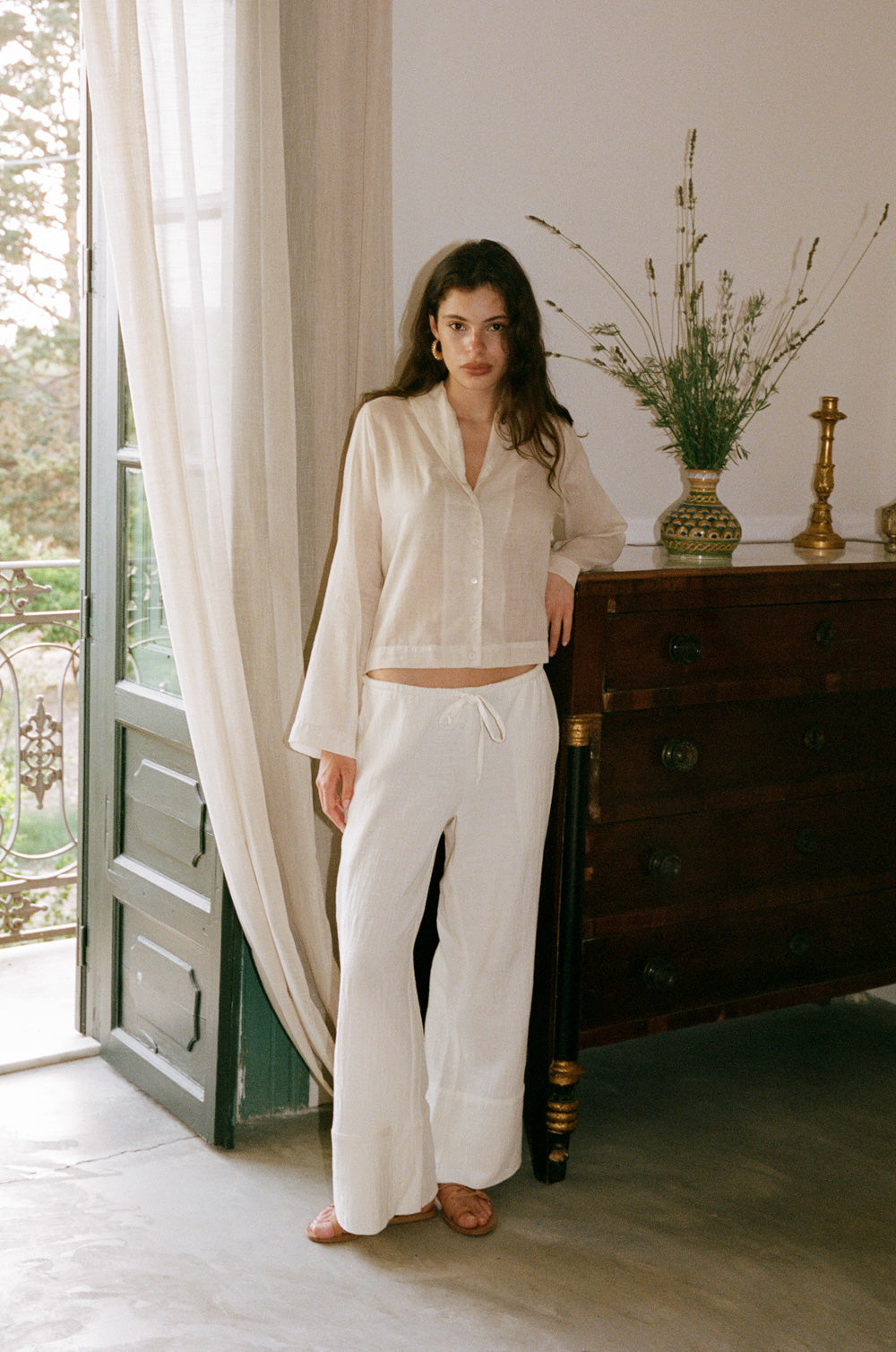 The wide leg cuff pant in sea salt and the shawl collar blouse in sheer ecru - the lady & the sailor