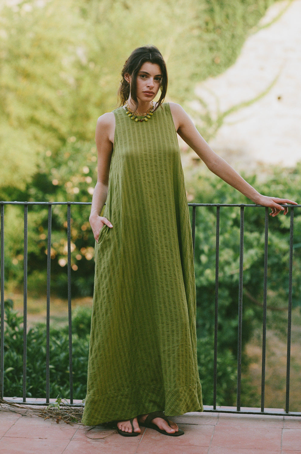 isola maxi dress in kiwi/gold stripe - the lady & the sailor