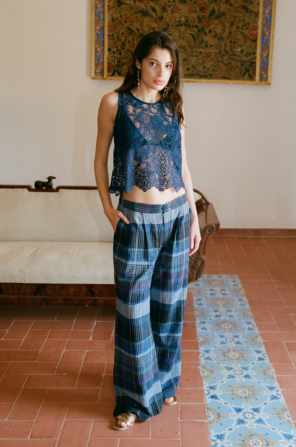 Scalloped lace tank in Sapphire styled with the relaxed trouser in indigo plaid - the lady & the sailor