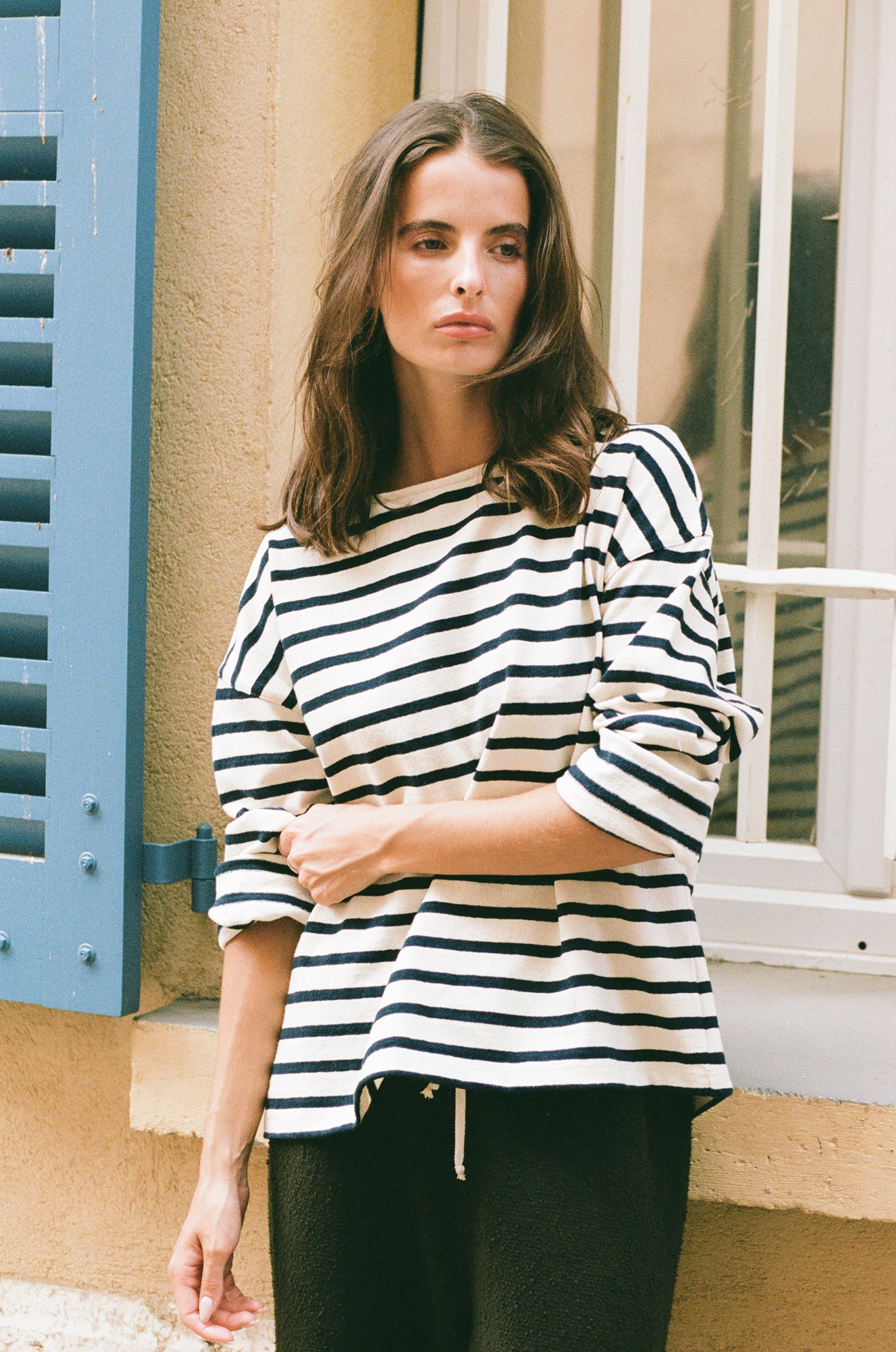 THE BOXY PULLOVER IN NAVY STRIPE STYLED WITH THE EVERY DAY PANT IN MOSS BOUCLÉ - the lady & the sailor