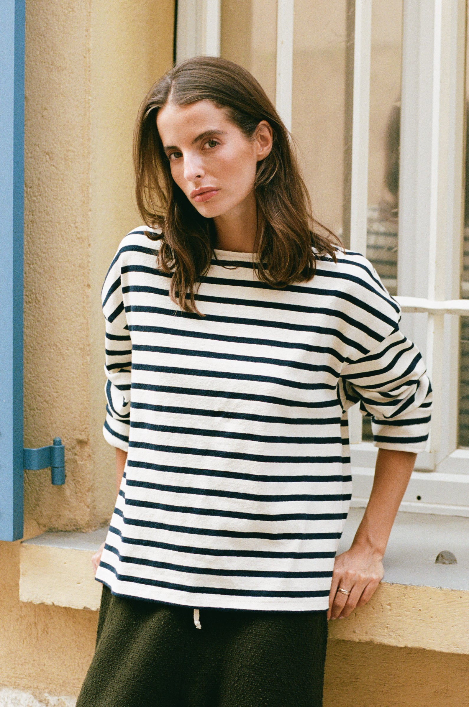 THE BOXY PULLOVER IN NAVY STRIPE STYLED WITH THE EVERY DAY PANT IN MOSS BOUCLÉ - the lady & the sailor