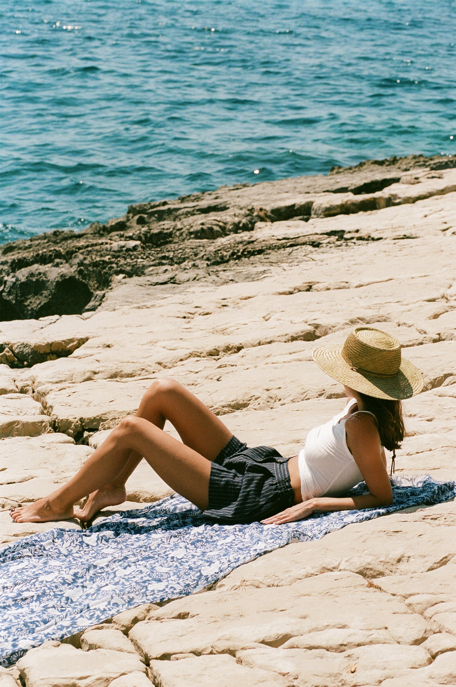 FLORA SARONG IN BLUE STYLED WITH THE SEASIDE SHORT IN MARINE STRIPE AND THE POINTELLE TANK IN PEARL - the lady & the sailor