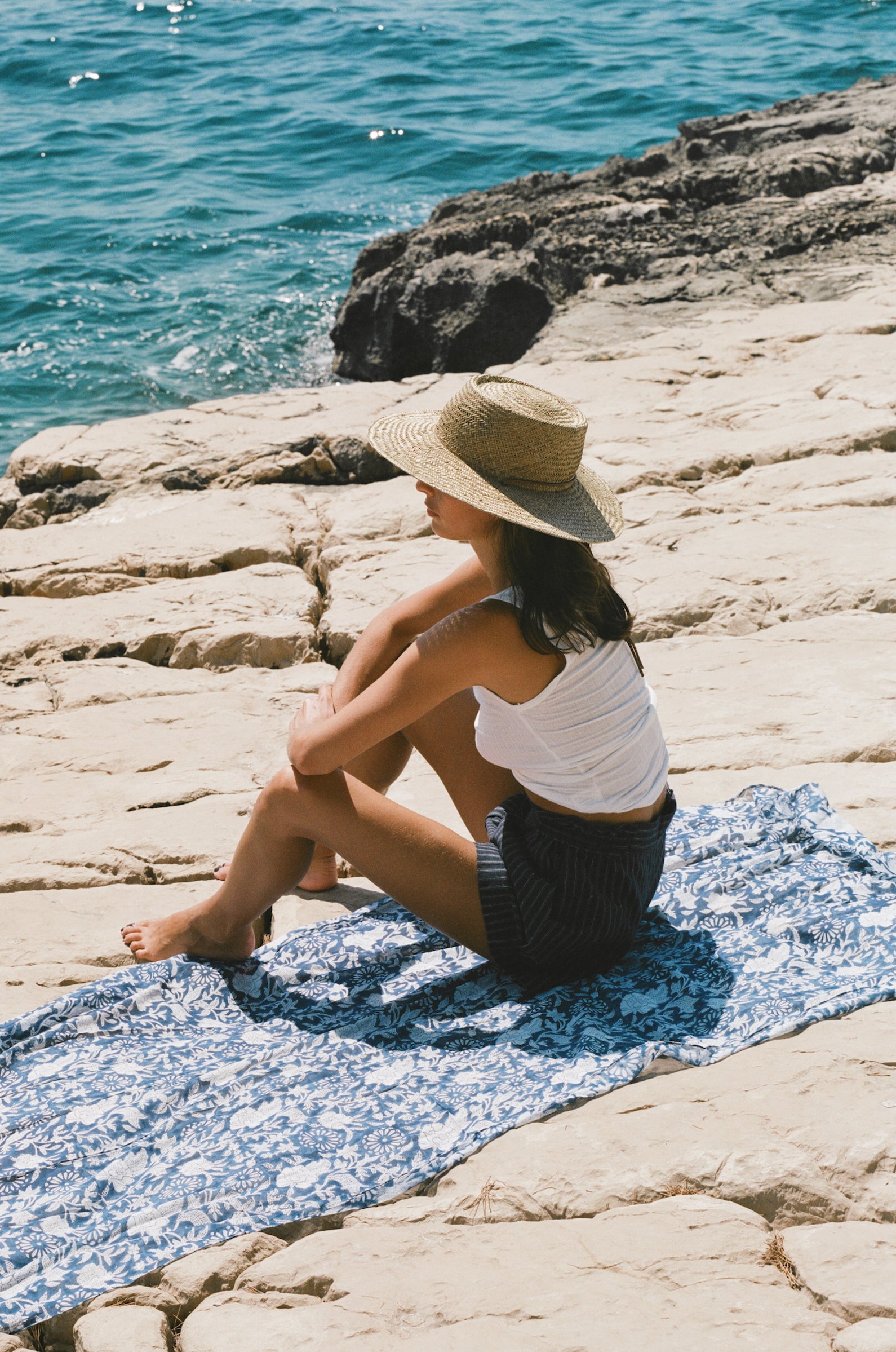 FLORA SARONG IN BLUE STYLED WITH THE SEASIDE SHORT IN MARINE STRIPE AND THE POINTELLE TANK IN PEARL - the lady & the sailor
