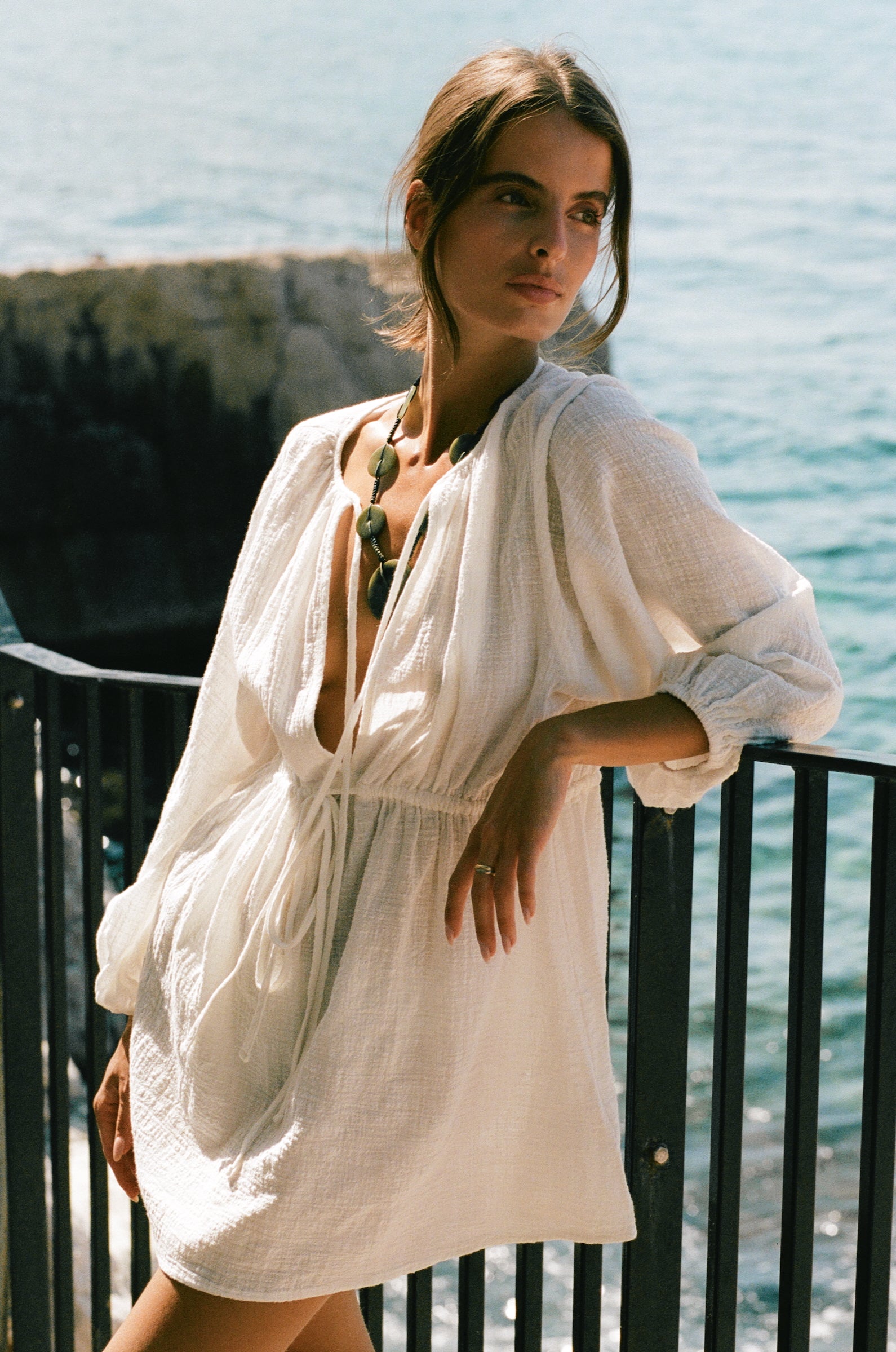 CINCHED MINI DRESS IN WHITE GAUZE - the lady & the sailor