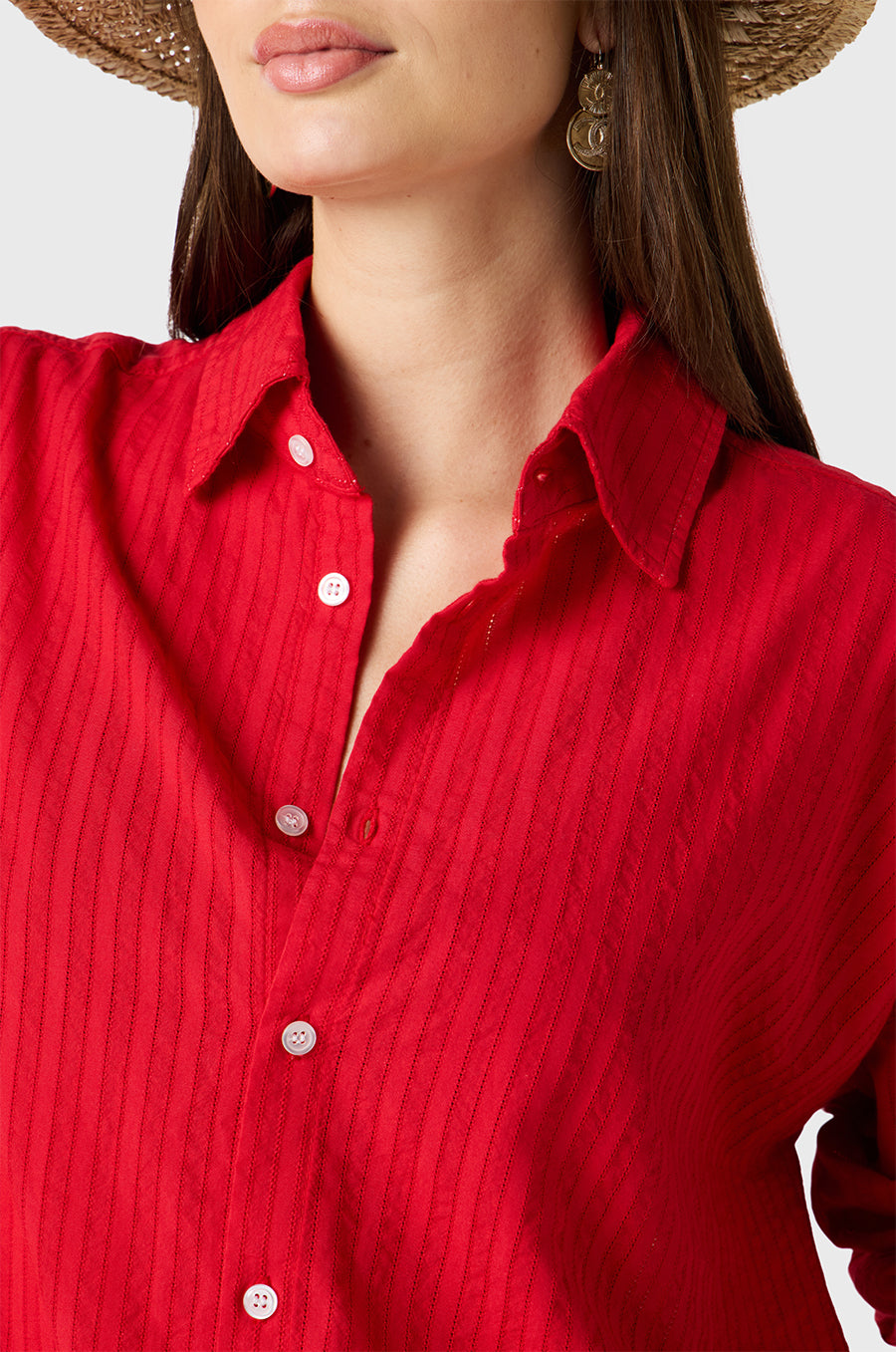 Brunette Model wearing the lady & the sailor Sunday Shirt in Red Pointelle Stripe