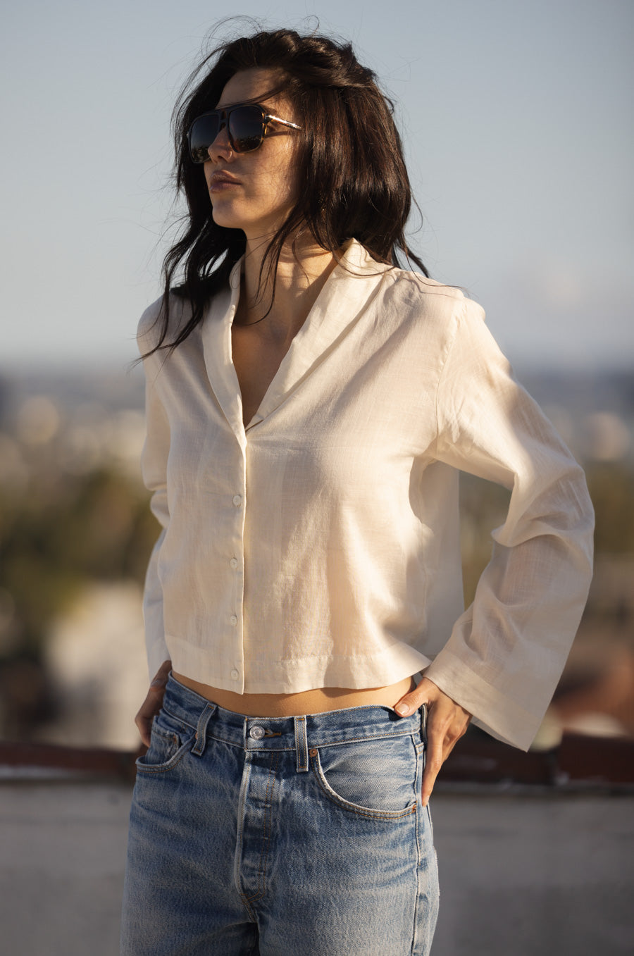 SHAWL COLLAR BLOUSE IN SHEER ECRU
