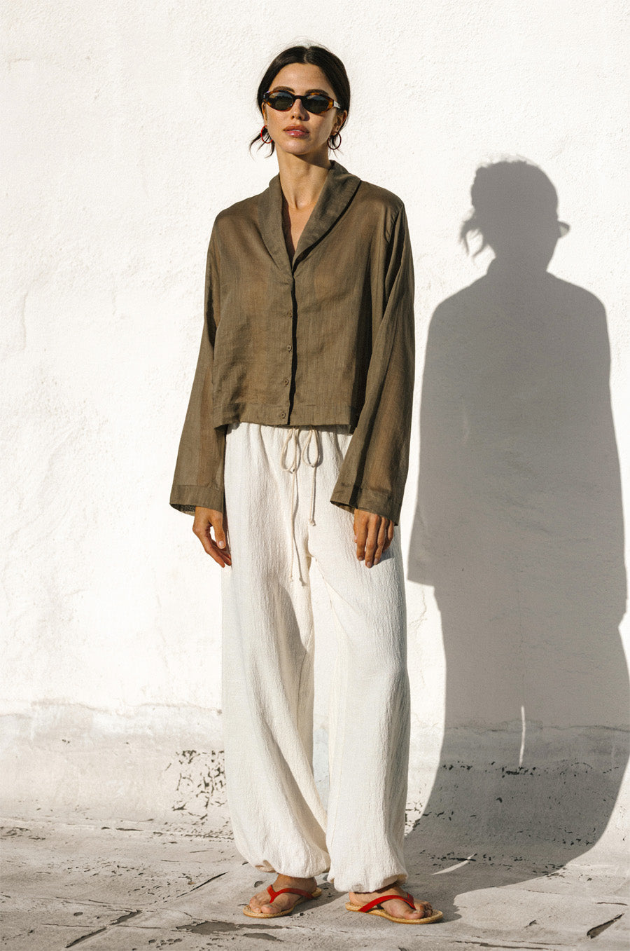 SHAWL COLLAR BLOUSE IN SHEER TAUPE
