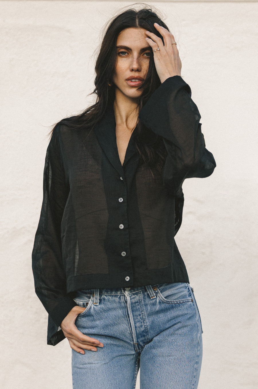 SHAWL COLLAR BLOUSE IN SHEER BLACK