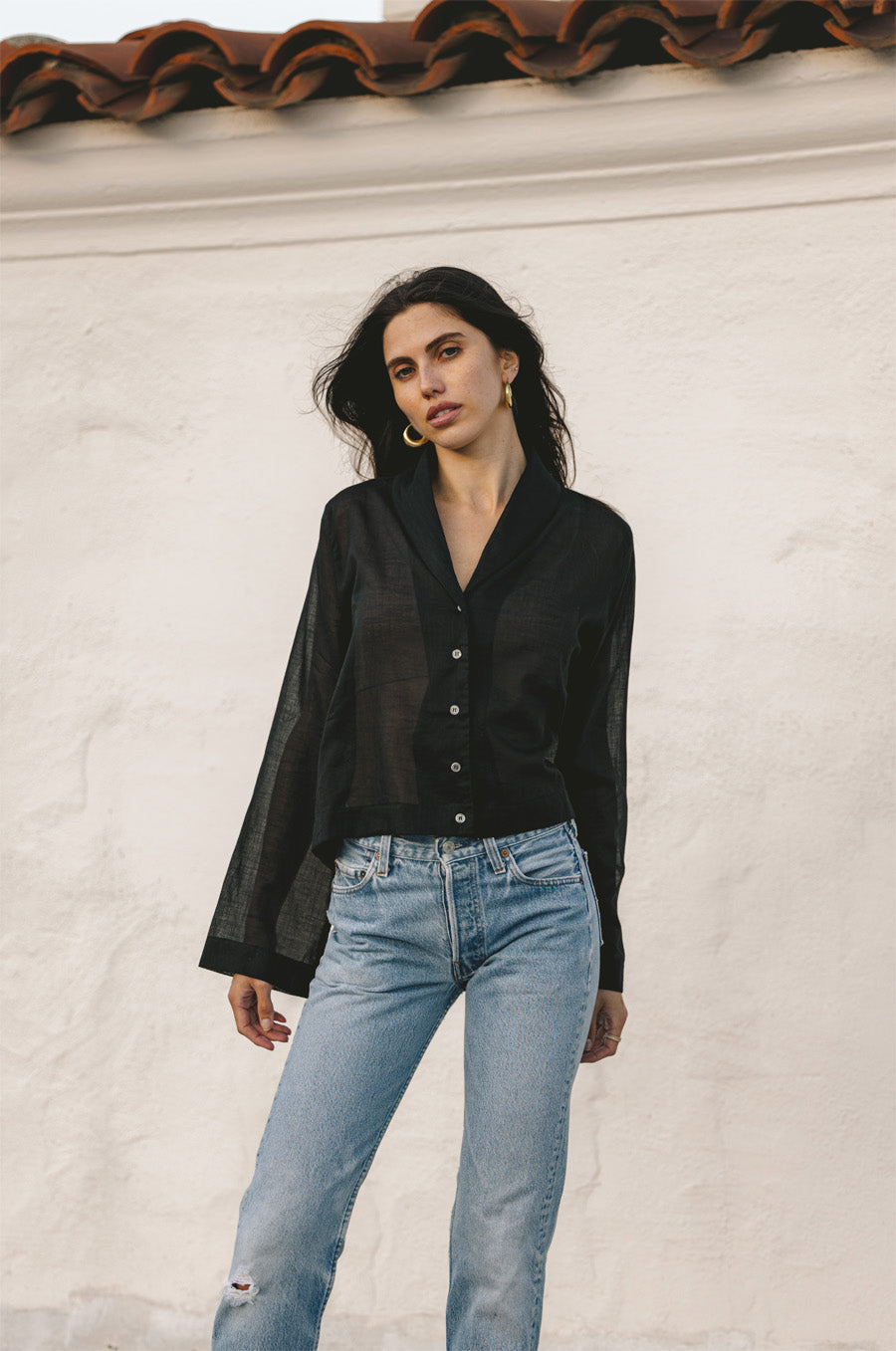 SHAWL COLLAR BLOUSE IN SHEER BLACK