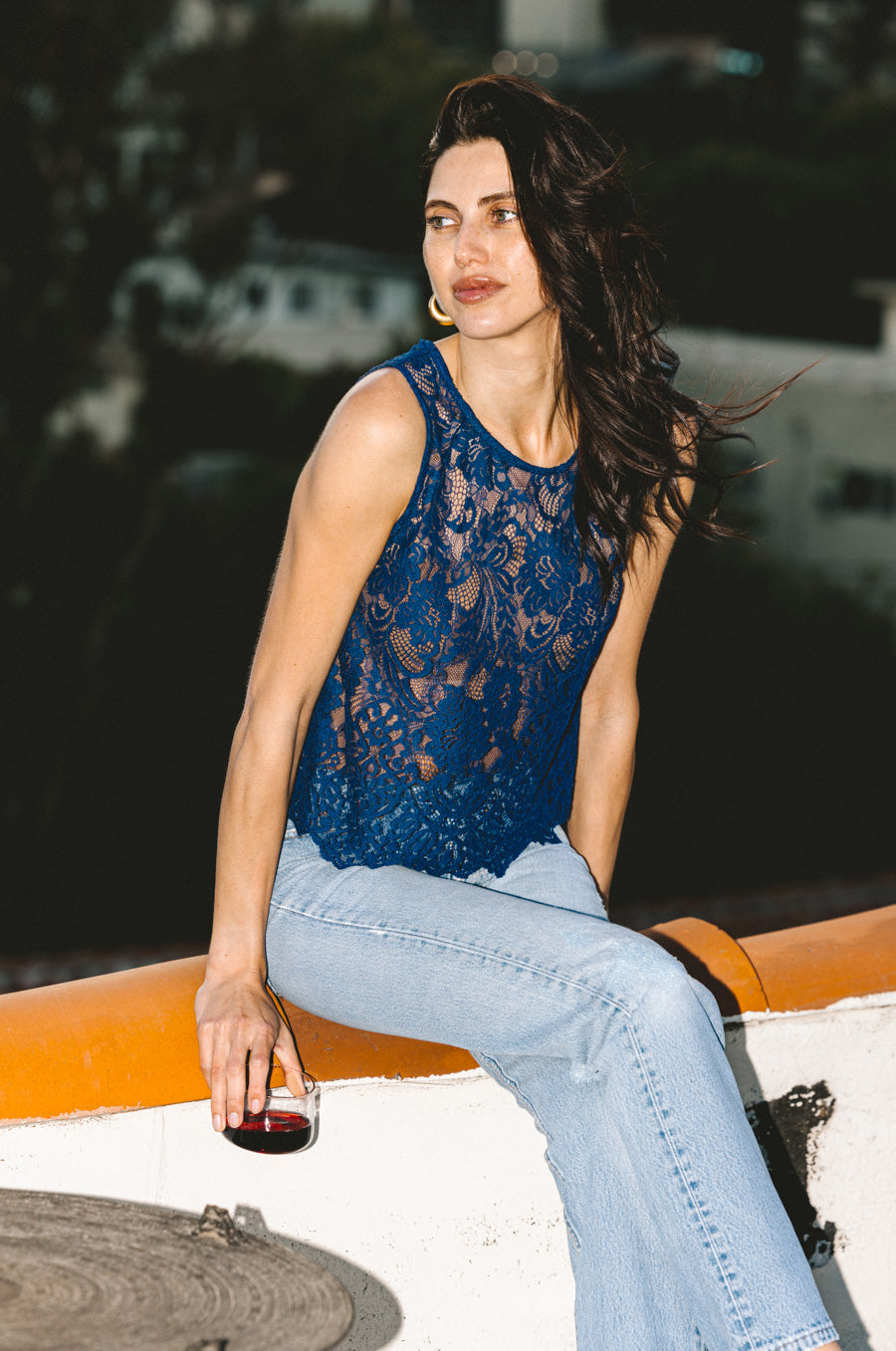 SCALLOPED LACE TANK IN SAPPHIRE